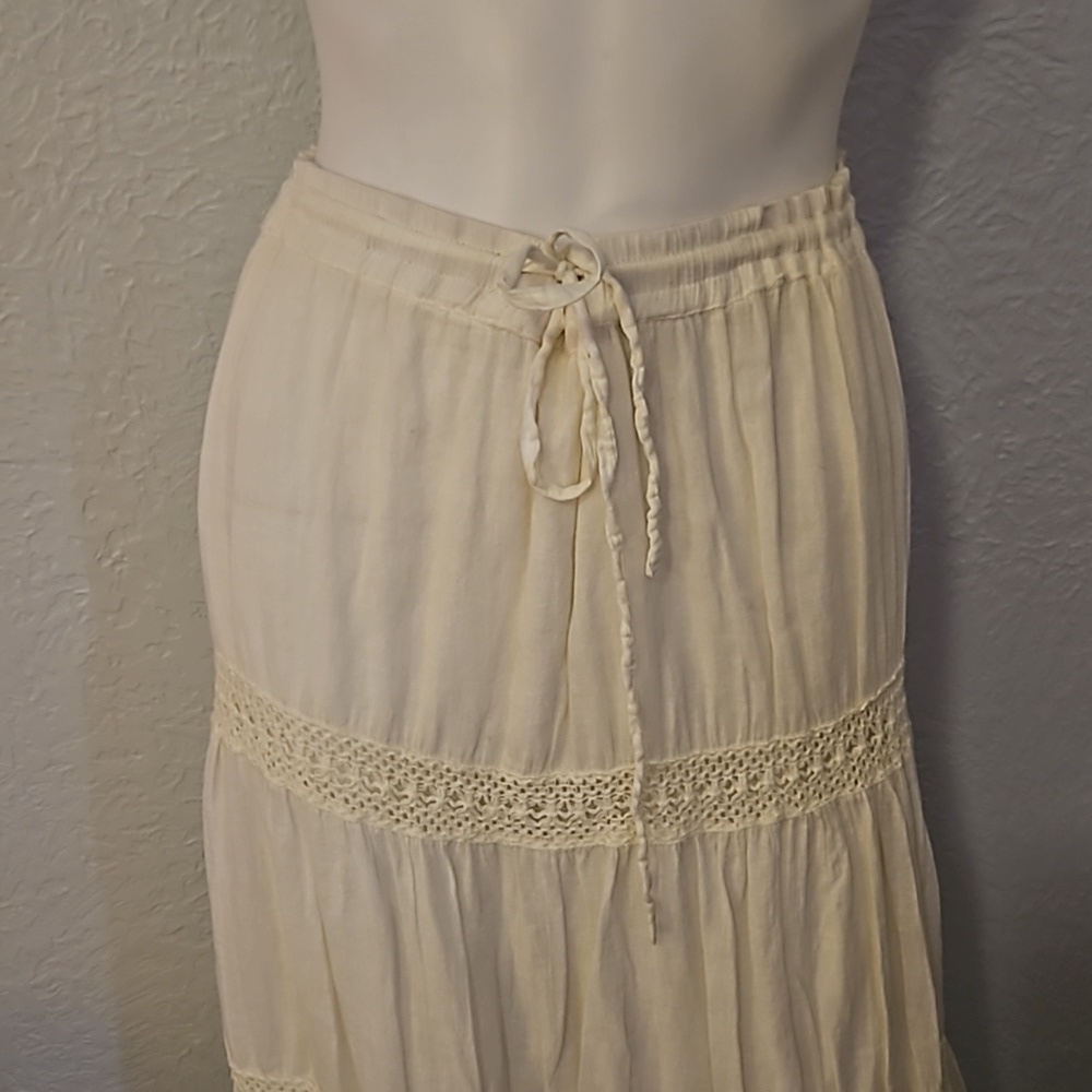 BOBBIE BROOKS 1990s Cream Lace Tiered Drawstring Waist Boho Festival Midi Skirt - Picture 4 of 8